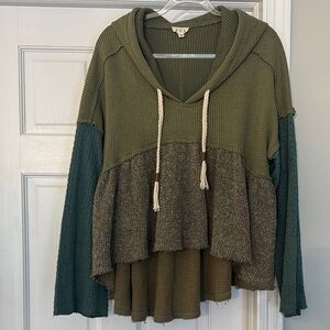 POL Olive and Teal Colorblock Knit Hoodie ~ Medium NWOT